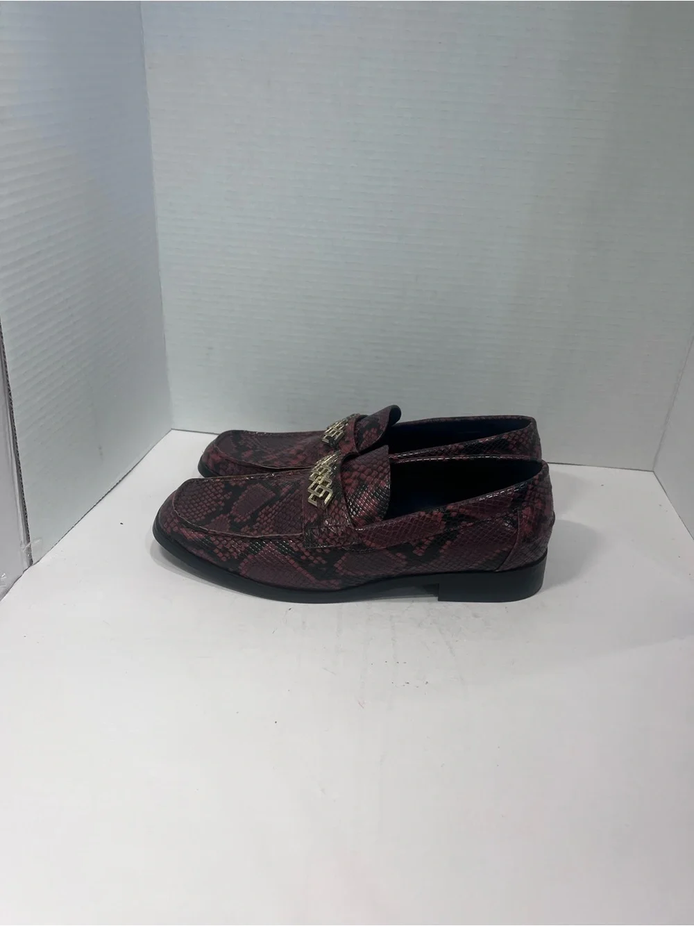 ASOS Burgundy Snake-Print Loafers with Gold Chain